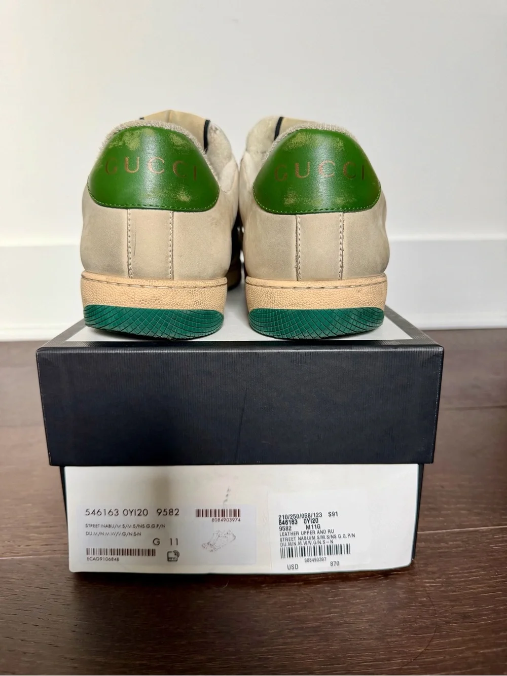 Gucci Street Nabu distressed Beige Leather Sneakers with Green and Red Stripes - Picture 4 of 7